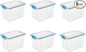 Photo 1 of (BROKEN BOTTOM; CRACKED CORNER) Sterilite 19324306 Gasket Box See-Through Lid and Base with Blue Aquarium Latches and Gasket, 20-Quart, 6-Pack
