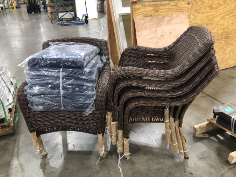 Photo 1 of (DAMAGED/BROKEN TABLE TOP; TORN WICKER; DENTED ENDS) Hampton Bay Cambridge 7-Piece Brown Wicker Outdoor Patio Dining Set with CushionGuard Midnight Navy Blue Cushions