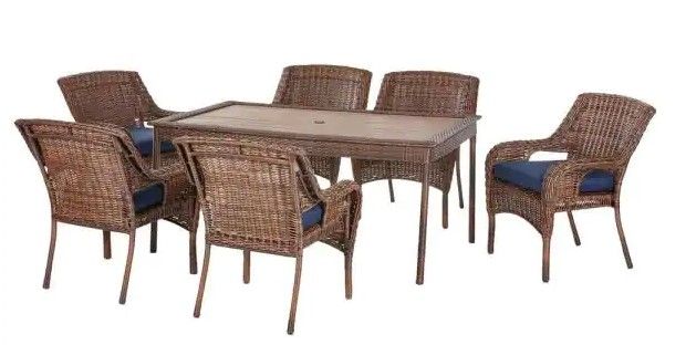 Photo 1 of (DAMAGED/BROKEN TABLE TOP; TORN WICKER; DENTED ENDS) Hampton Bay Cambridge 7-Piece Brown Wicker Outdoor Patio Dining Set with CushionGuard Midnight Navy Blue Cushions