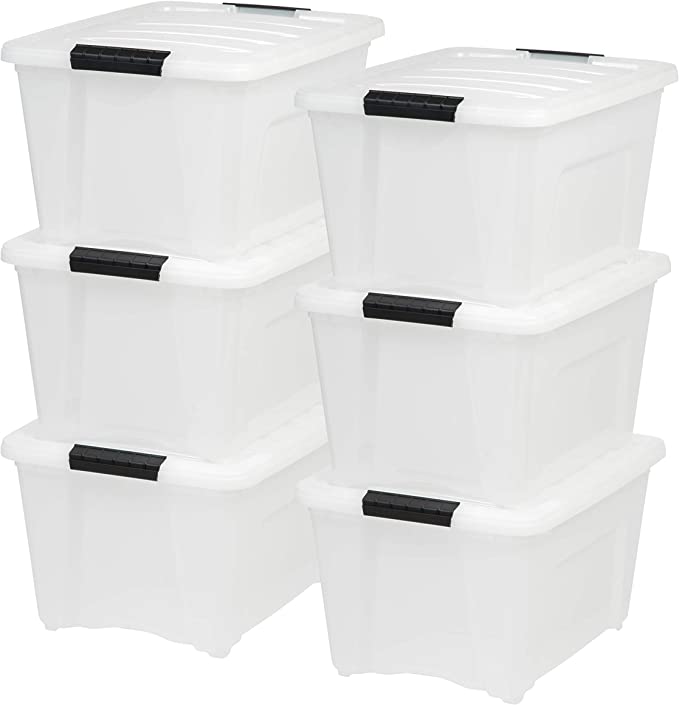 Photo 1 of (MISSING LATCH; CRACKED LID CORNERS) IRIS USA, Inc. TB-17 Stack & Pull Box, 19 Quart, Clear, 6 Pack TB-28 32 Quart Stack & Pull Box, Multi-Purpose Storage Bin, 6 Pack, Pearl
