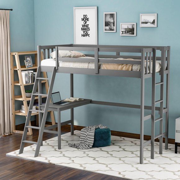 Photo 1 of (INCOMPLETE; NOT FUNCTIONAL; BOX2OF2; REQUIRES BOX1 FOR COMPLETION) Wood Loft Bed with Desk, Twin Loft Bed with 2 Ladders and Full-Length Guardrails for Kids Boys Girls Teens Adults Small Spaces, No Box Spring Needed, Gray 76x 42.4x 69.3 Inches
