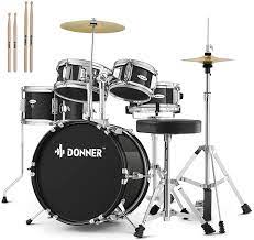 Photo 1 of (MISSING DRUMSTICKS; DAMAGED COMPONENTS; CRACKED) Kid Drum Sets-Donner 5-Piece for Beginners, 14 inch Full Size Complete Junior Drum Kit with Adjustable Throne, Cymbal, Hi-Hat, Pedal & Drumstick, Metallic Black
