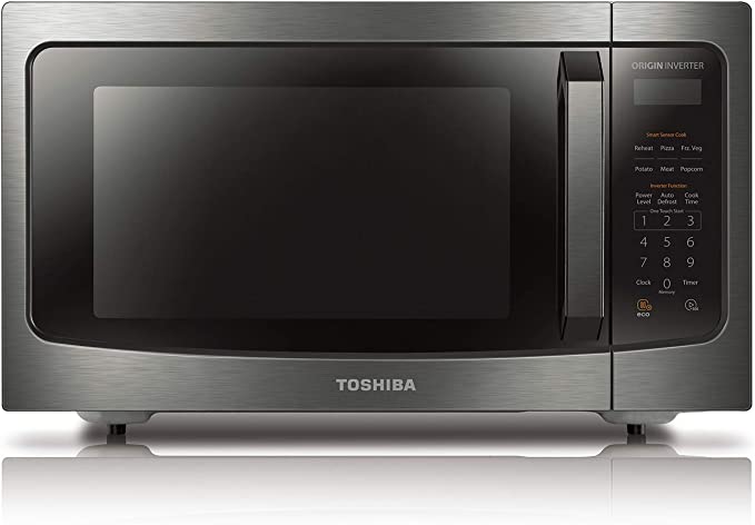 Photo 1 of (DENTED FRONT; DIRTY GLASS) Toshiba ML-EM45PIT(BS) Microwave Oven with Inverter Technology, LCD Display and Smart Sensor, 1.6 Cu.ft, Black Stainless Steel
