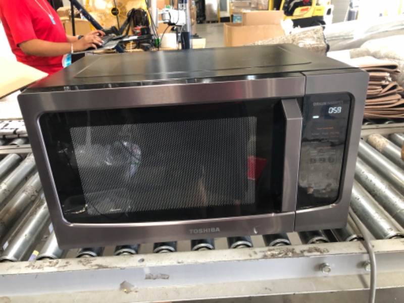 Photo 7 of (DENTED FRONT; DIRTY GLASS) Toshiba ML-EM45PIT(BS) Microwave Oven with Inverter Technology, LCD Display and Smart Sensor, 1.6 Cu.ft, Black Stainless Steel
