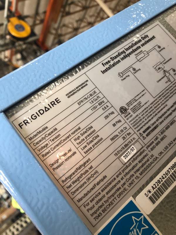 Photo 6 of (COSMETIC DAMAGES; MISSING SIDE ATTACHMENT) Frigidaire EFR176-BLUE 1.6 cu ft Blue Retro Fridge with Side Bottle Opener. for The Office, Dorm Room or Cabin
