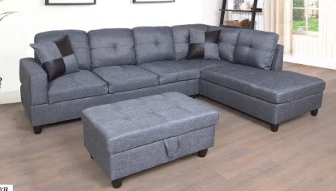 Photo 1 of (INCOMPLETE; NOT FUNCTIONAL; BOX1OF3; REQUIRES BOX2,3 FOR COMPLETION) 3 PC Sectional Sofa Set, Gray Linen Right -Facing Chaise with Free Storage Ottoman
