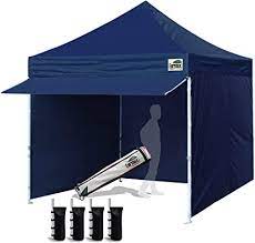Photo 1 of (DENTED LEG) Eurmax USA 10 x 10 Pop up Canopy Commercial Tent Outdoor Party Canopies with 4 Removable Zippered Sidewalls and Roller Bag with 4 Canopy Sand Bags & 24 Squre Ft Extended Awning(Navy Blue)
