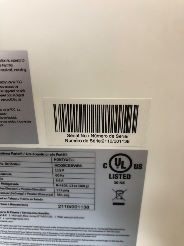 Photo 4 of (MISSING ATTACHMENTS) Honeywell Black MO08CESWB6 9,100 (ASHRAE)/6,100 BTU (SACC) Portable Air Conditioner-White, 400 Sq. Ft
