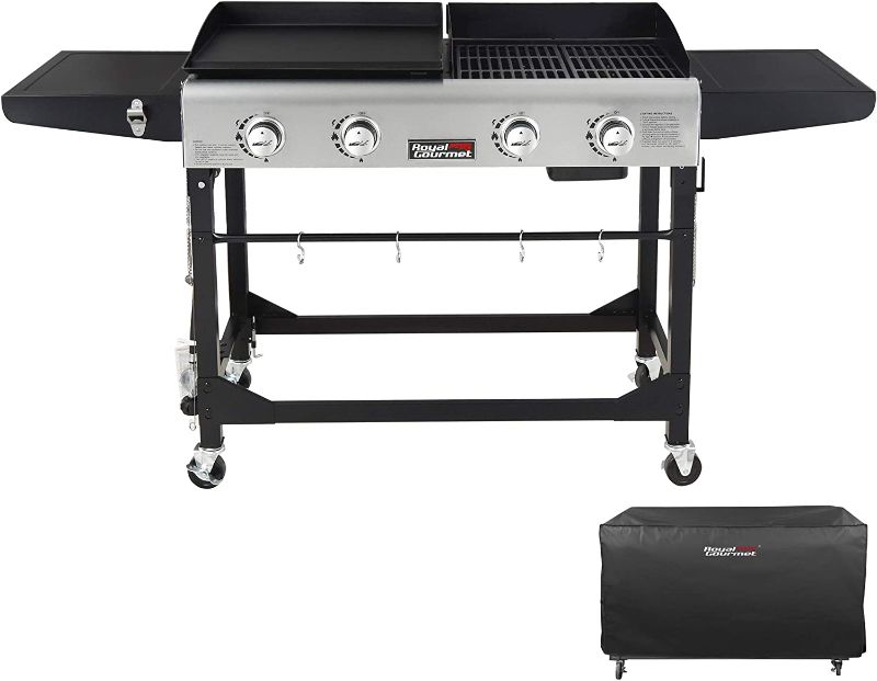 Photo 1 of INCOMLETE, Royal Gourmet GD401C 4-Burner Portable Propane Flat Top Gas Grill and Griddle Combo, Black
**MISSING LEGS, LOOSE AND MISSING HARDWARE, 1 BKNOB IS NOT ATTACHED, MISSING COVER**
