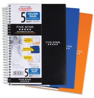 Photo 1 of Five Star 5-Subject College-Ruled Notebook, 9 1/2" x 6", Assorted Colors 6-items
