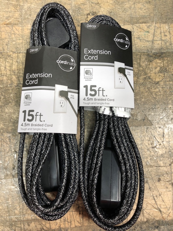Photo 2 of Cordinate 3-Outlet Extension Cord with 15 ft. Braided Cord, Dark Heather
PACK OF 2