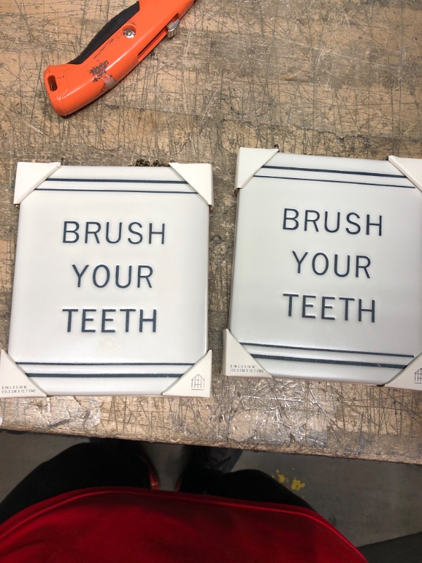 Photo 2 of 'Brush Your Teeth' Stoneware Wall Sign Blue/Cream - Hearth & Hand™ with Magnolia
