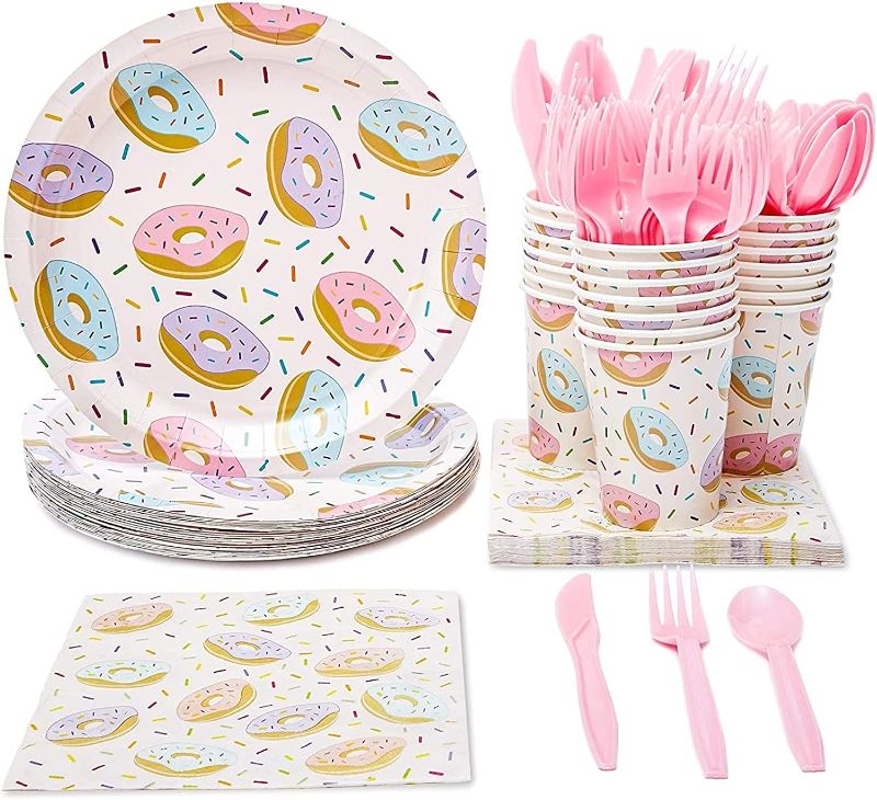 Photo 1 of 144 Piece Donut Grow Up Party Supplies with Plates, Napkins, Cups, Cutlery, Dinnerware Set for Two Sweet Birthday Decorations (Serves 24).
