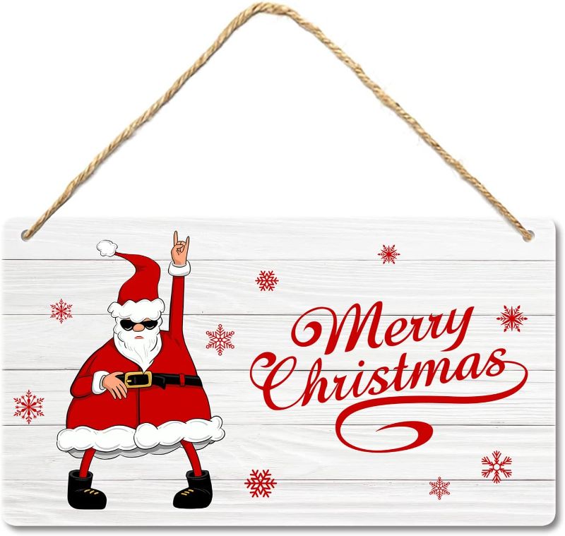 Photo 1 of 2 PACK---Christmas Hanging Sign Merry Christmas Door Sign Rock Santa Claus Cool Snowflake Farmhouse Welcome Sign Xmas Party Winter Decorative for Front Door Porch Decor Indoor Outdoor Holiday Decoration
