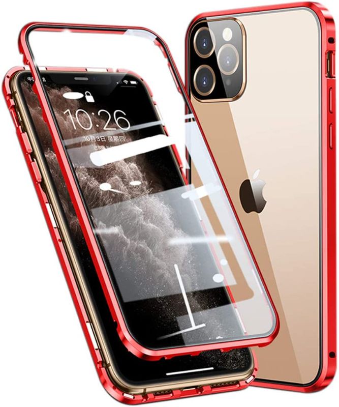 Photo 1 of Esteller Case for iPhone 12 Mini Magnetic Adsorption Cover 360° Full Body Protection Cover Front and Back Transparent Tempered Glass Metal Bumper - Red
