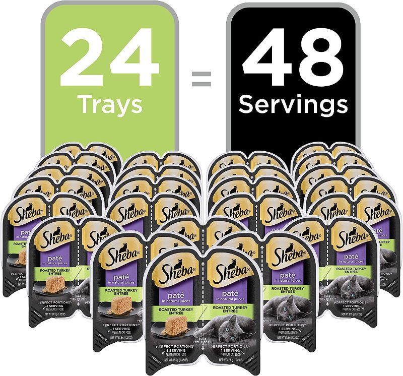 Photo 1 of  EXPIRES 04/26/2024-----SHEBA Wet Cat Food Pate, Roasted Turkey Entree, (24) 2.6 oz. PERFECT PORTIONS Twin Pack Trays
