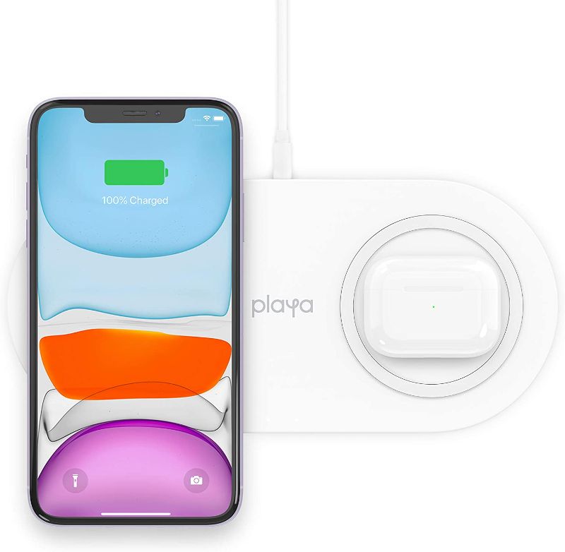 Photo 1 of Playa Dual Wireless Charger 10W (Charge 2 Devices at Once) Works with iPhone 12, 12 Pro, 12 Pro Max, 11, 11 Pro, 11 Pro Max, AirPods 2, AirPods Pro, Galaxy, Note, Pixel, More
