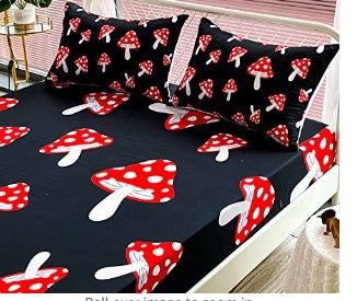 Photo 1 of  Kawaii Mushroom Sheets Full Size,Kids Cartoon Botanical Plants Sheet Set, Red/Black 