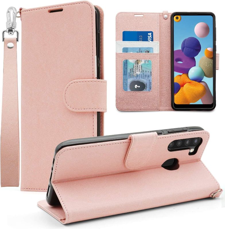 Photo 1 of Double-N for Samsung Galaxy A21 Case, Premium PU Leather Samsung A21 Wallet Case, Flip Folio Shockproof Cover with Wrist Strap Card Holder Kickstand for Samsung A21 (Pink)
