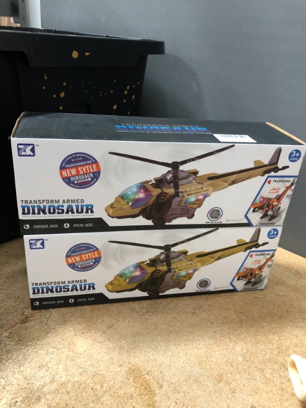 Photo 2 of 2 PACK: Transform Dinosaur Army Helicopter Transformable Model Tyrannosaurus and Apache Helicopter with Lights and Sounds Gift for Kids Aged 3+
