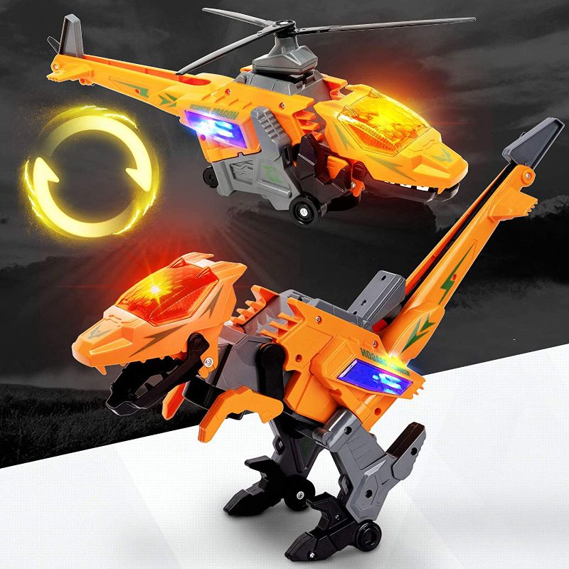 Photo 1 of 2 PACK: Transform Dinosaur Army Helicopter Transformable Model Tyrannosaurus and Apache Helicopter with Lights and Sounds Gift for Kids Aged 3+
