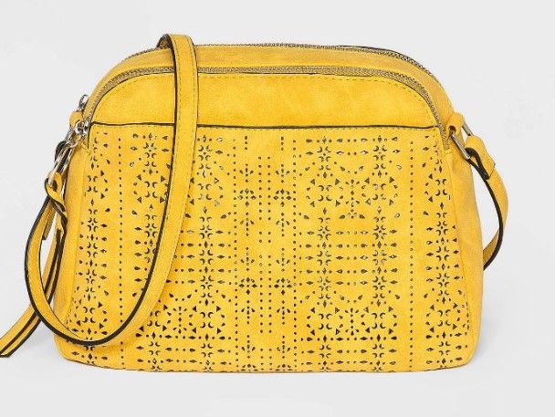 Photo 1 of VR NYC Mosaic Design Laser Cut Double Zip Compartment Crossbody Bag - Honey Yellow

