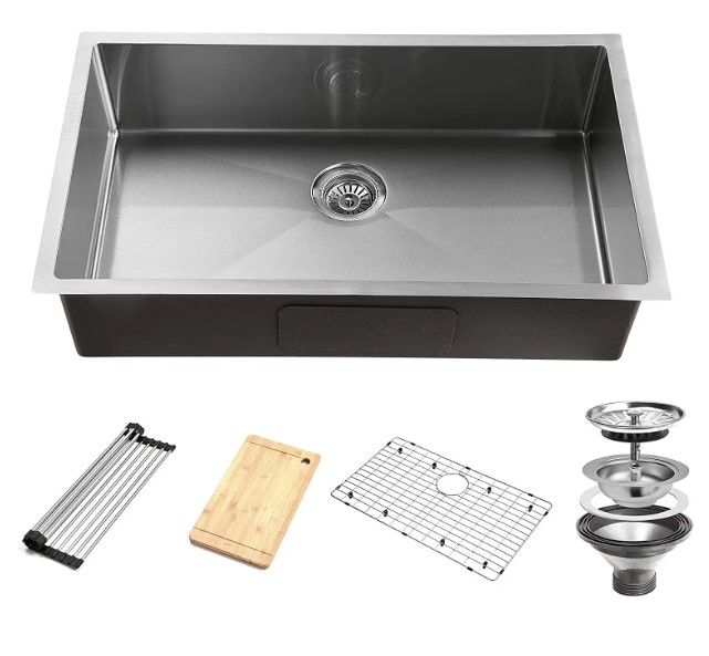 Photo 1 of 32-Inch Undermount Workstation Kitchen Sink, 16 Gauge Single Bowl Stainless Steel with Accessories (Pack of 5 Built-in Components), Silver
