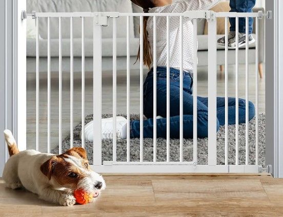 Photo 1 of Ciays 29.1"-47.6", 30-in Height Baby Gate Extra Wide Puppy gate for doorways gate for Indoors Adjustable with 2.8/5.5/8.3 Inch Extension kit, Bonus Kits, White
