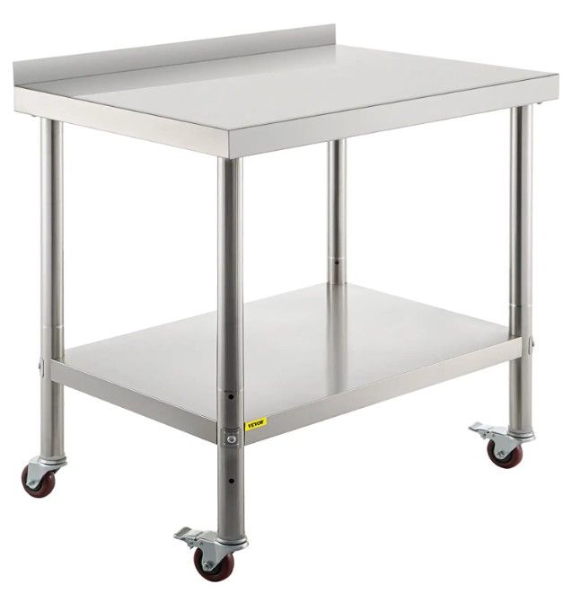 Photo 1 of VEVOR Stainless Steel Prep Table, 30 x 24 x 35 Inch, 440lbs Load Capacity Heavy Duty Metal Worktable with Backsplash Adjustable Undershelf & 4 Casters, Commercial Workstation for Kitchen Restaurant