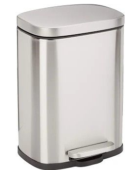 Photo 1 of **SMALL DENT* Amazon Basics 5 Liter / 1.3 Gallon Soft-Close, Smudge Resistant Trash Can with Foot Pedal - Brushed Stainless Steel, Satin Nickel Finish
