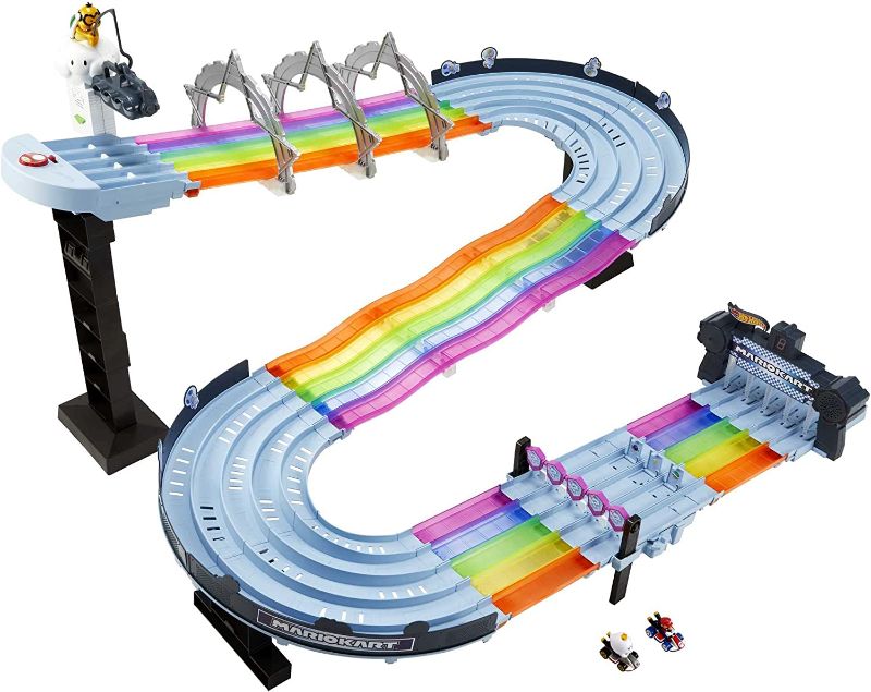 Photo 1 of *MISSING PARTS** USED AND DAMAGED** Hot Wheels Mario Kart Rainbow Road Raceway 8-Foot Track Set with Lights & Sounds & 2 1:64 Scale Vehicles, Race with 5-Track Colorful Course with 2...
