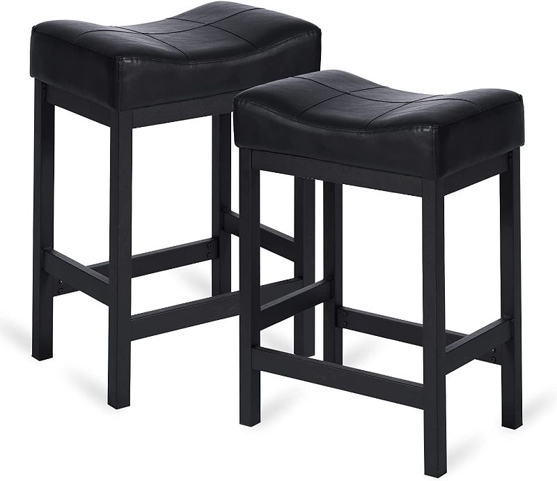 Photo 1 of **MINOR DAMAGE** Bar Stools Set of 2-Counter Height Stools - 24 Inch Saddle Stool - PU Leather Kitchen Stools - Black Seat - Metal Base, KS861P-BL
