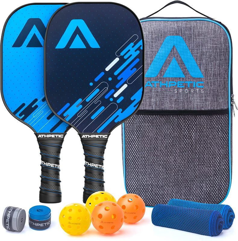 Photo 1 of Athpetic Pickleball Paddles Set of 2 Rackets with 4 Balls, 2 Over Grips & 2 Towels - Indoor & Outdoor Pickleball Set with Large Sweetspot & Non-Slip Grip - Lightweight Pickle Ball Raquette
