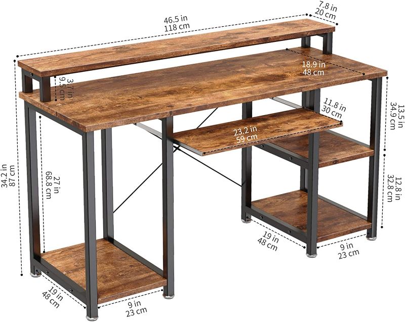 Photo 1 of NOBLEWELL NWCD1V Computer Desk with Monitor Stand Storage Shelves Keyboard Tray, Rustic Brown
