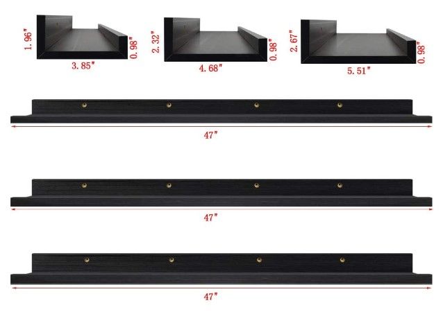 Photo 1 of 47 Inch Long Photo Picture Ledge Shelves Set of 3, Black Wall Mount Floating Shelf for Nursery, Office, Bedroom, Living Room, Kitchen Display
