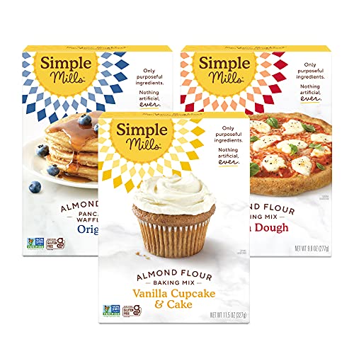 Photo 1 of Best By 02/02/22 - Simple Mills Almond Flour Baking Mix Variety Pack (Pancake & Waffle, Pizza Dough, Vanilla Muffin & Cake) - Gluten Free, Plant Based (Pack of 3)
