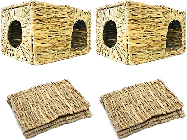 Photo 1 of (Combo Pack) Edible Natural Grass Hideaway with Woven Grass Mat Beds - Handcrafted Grass House with Bed Mat for Rabbits and Guinea Pigs - Extra Large 14”x11”x10” Foldable Toy Hut with Openings
