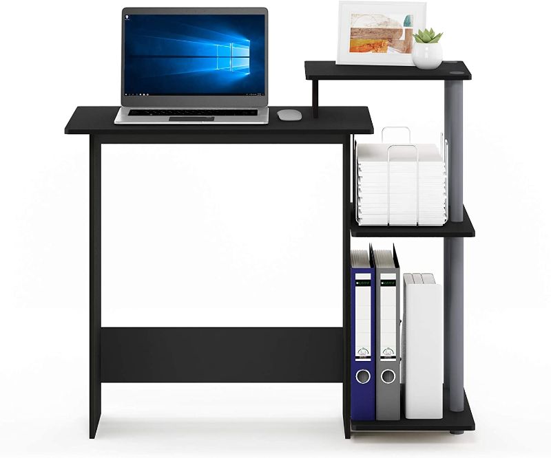 Photo 1 of Furinno Efficient Home Laptop Notebook Computer Desk with Square Shelves, Solid Black/Grey
