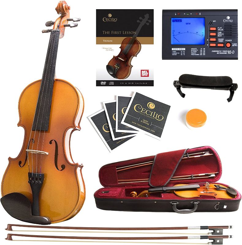Photo 1 of ?Mendini by Cecilio Violin Instrument – MV400 Size 4/4 Acoustic Violin with Bow, Case, Tuner, Metronome & Extra Strings, Kids & Beginner Violin, ?Maple Varnish, Full Size Violin

