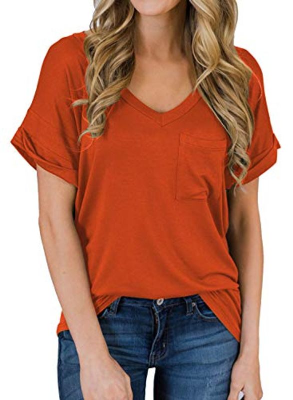 Photo 1 of  MIHOLL Women's Short Sleeve V-Neck Shirts Loose Casual Tee T-Shirt -11_Orange Large Size