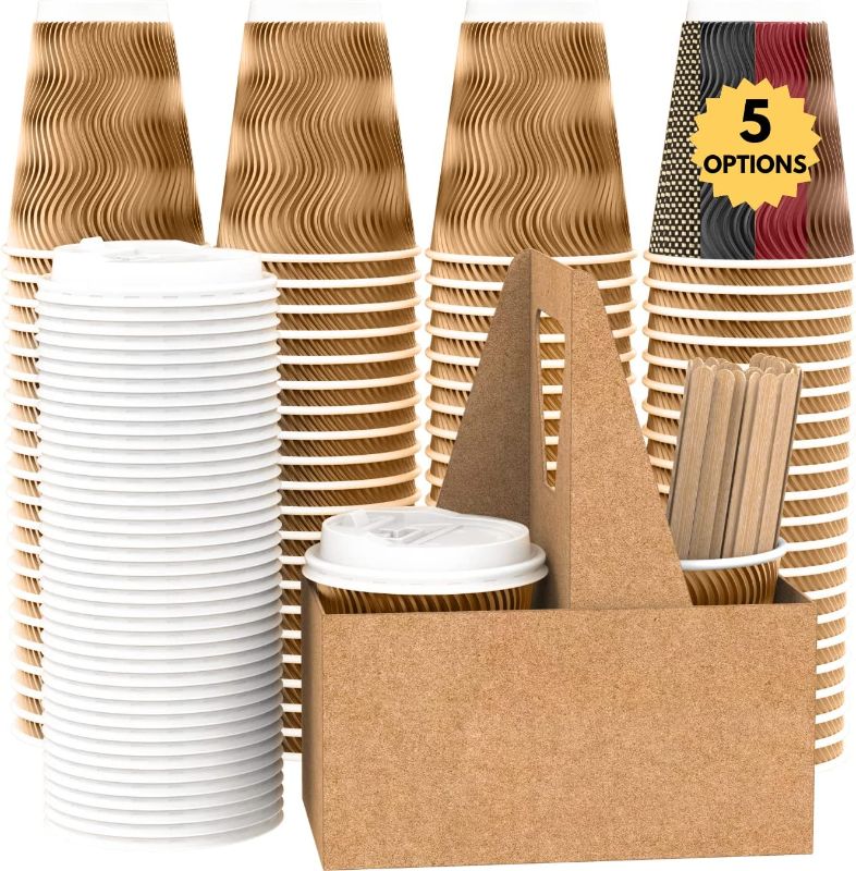 Photo 1 of **item is red not brown**
VANAKI 85 Sets - 12 Oz Disposable Paper Coffee Cups with Lids + Wooden Stirrers + 5 [BONUS] Carriers - Triple Layer Insulated Togo Hot Cups - Leak Proof Reusable Paper Cup and Lid - Fully Recyclable