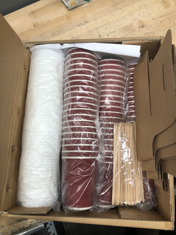 Photo 1 of **item is red not brown**
VANAKI 85 Sets - 12 Oz Disposable Paper Coffee Cups with Lids + Wooden Stirrers + 5 [BONUS] Carriers - Triple Layer Insulated Togo Hot Cups - Leak Proof Reusable Paper Cup and Lid - Fully Recyclable