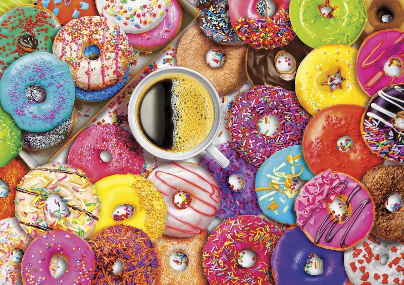 Photo 1 of Buffalo Games - Aimee Stewart - Coffee and Donuts by Aimee Stewart - 300 LARGE Piece Jigsaw Puzzle and Bgraamiens Puzzle-Blooming Color-1000 Pieces Gradient Puzzle Color Challenge Blue Board Round Jigsaw Puzzles
