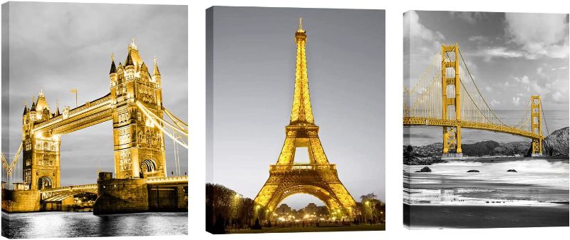 Photo 1 of 3Pcs Urban Landscape Framed Wall Art Eiffel Tower Golden Gate Bridge Pictures Painting for Wall Canvas Prints Decor for Living Room Bathroom Bedroom...
