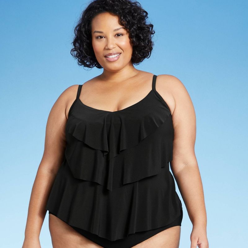 Photo 1 of 2X- Women's Plus Size Tiered Tankini Top - Aqua Green® Black