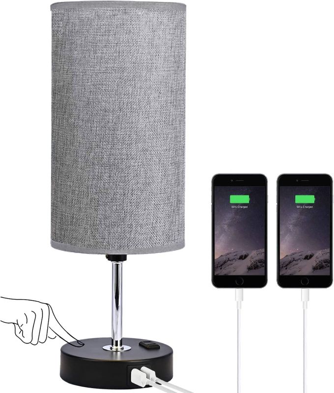 Photo 1 of Becomrock Bedside Table Lamp for Bedroom - 3 Way Touch Dimming Table Lamp, Nightstand Lamp with 2 USB Port, 1 Outlet and Grey Shade, Suitable for Living Room, Bedroom (Bulb Included)
