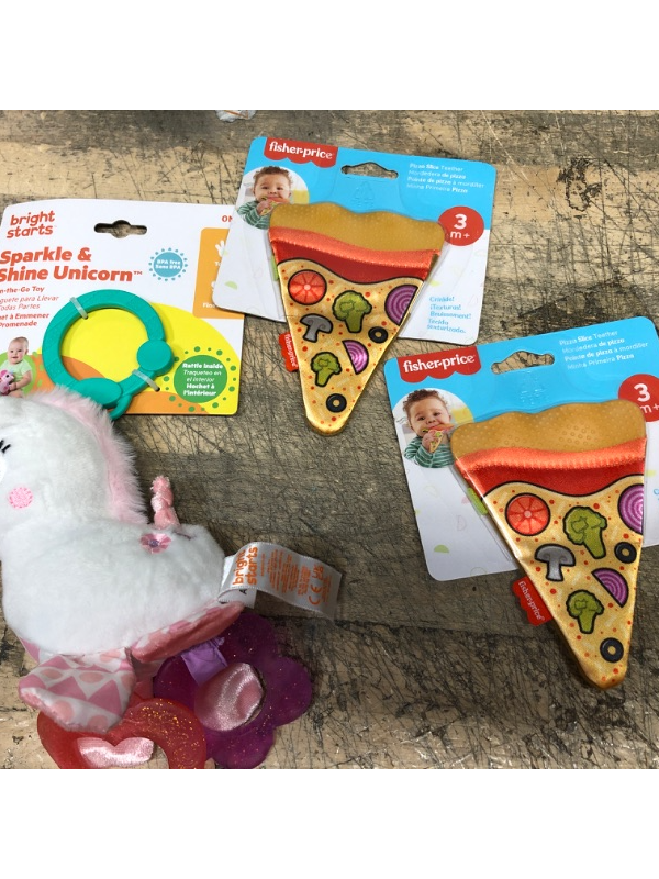 Photo 1 of BUNDLE OF 3 INFANT TOYS--- 2 PIZZA SLICE TEETHERS, SPARKLE AND SHINE UNICORN