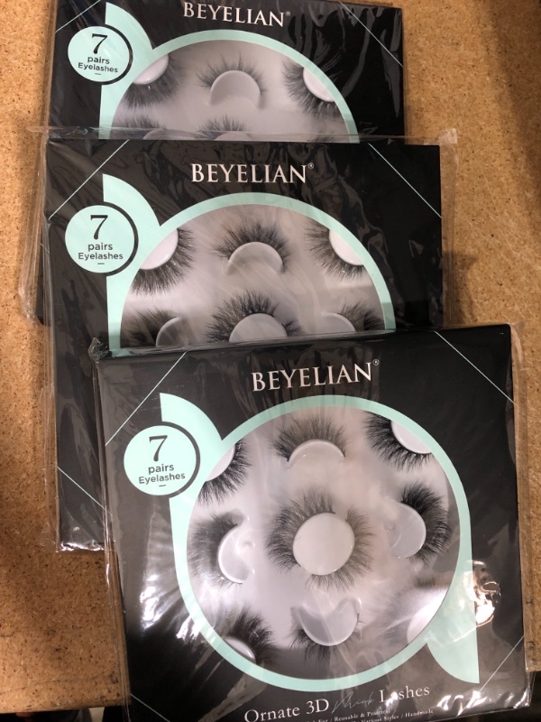 Photo 2 of 3 PACK - BEYELIAN False Eyelashes 3D Real Mink 7 Pairs Ornate Wispy Fluffy Soft Lightweight Cruelty-Free Handmade Strip Lash Reuseable Multipack
