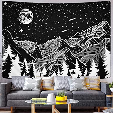 Photo 2 of 3 item bundle 
Lyacmy Moon and Star Tapestry Mountain Tapestry Forest Tree Tapestries Starry Night Sky Tapestry Black and White Tapestry for Room(51.2 x 59.1 inches) (x3)
