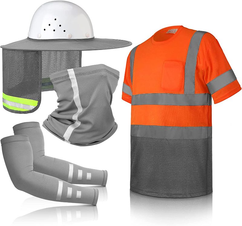 Photo 1 of ***Size: L*** 4 Pcs High Visibility Reflective Safety Shirt Hi Vis Class 3 T Shirt Orange Short Sleeve Sun Neck Protection Face Scarf Hard Hat Arm Sleeves with Reflective Strap for Workwear Men Women (L)
